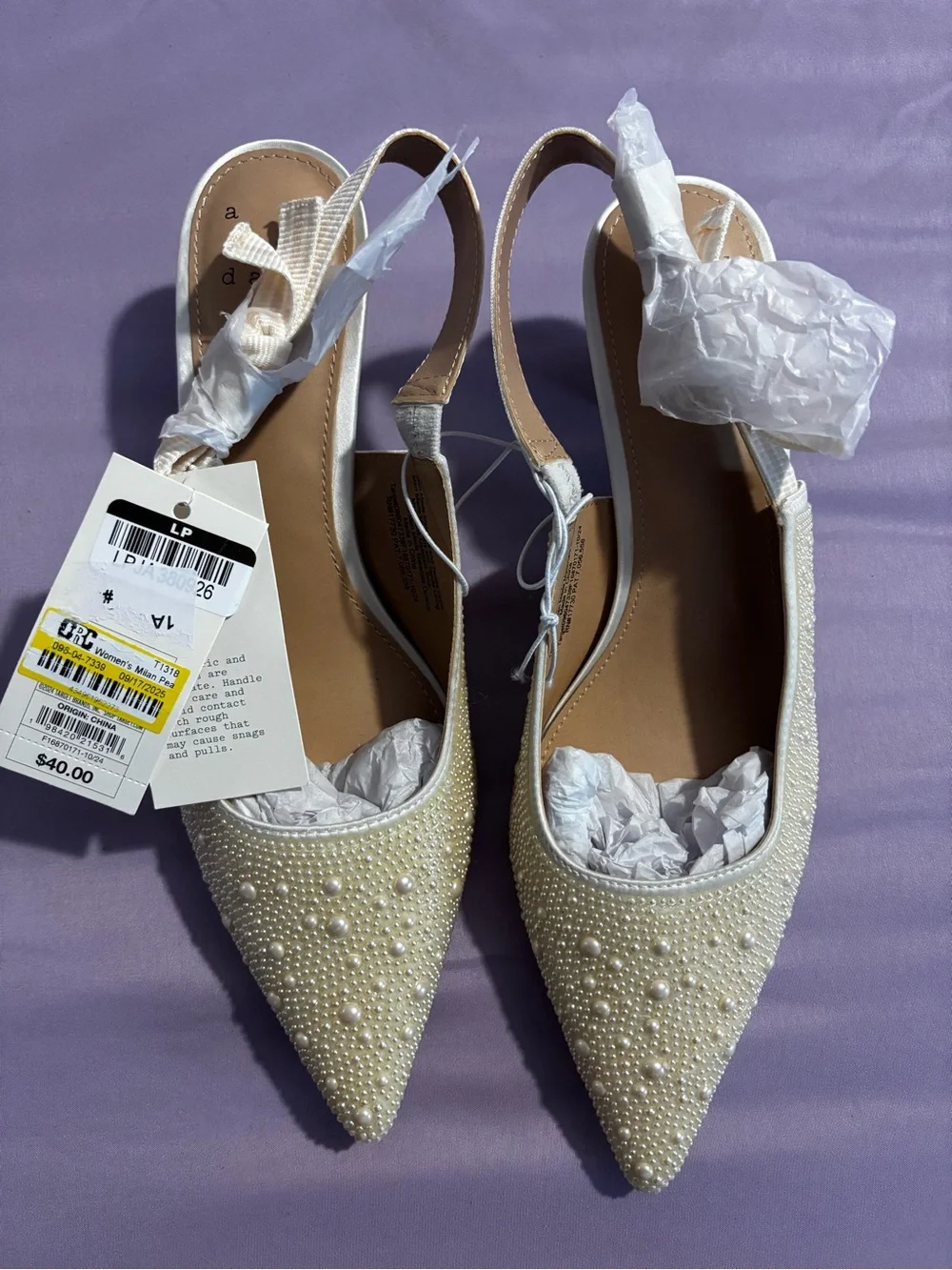 A New Day White Pearl-Embellished Pointed Slingback Kitten Heels